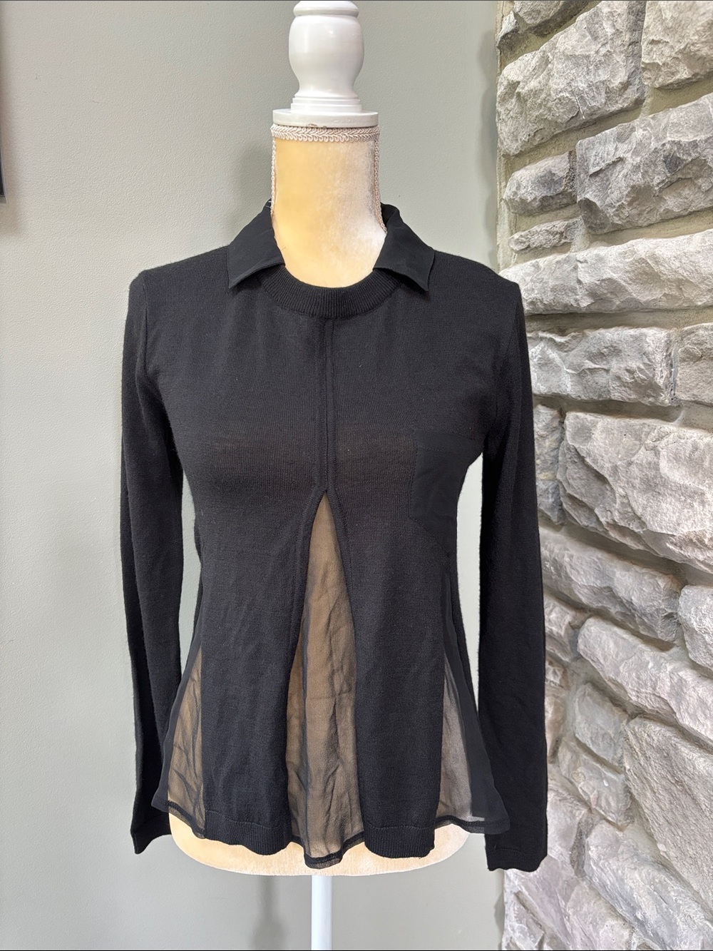 Black Collared Long-Sleeve Top with Sheer Panels by Simona Barbieri